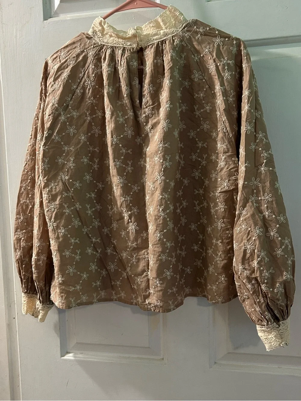 Zara Beige Floral Embroidered Lace-Neck Blouse